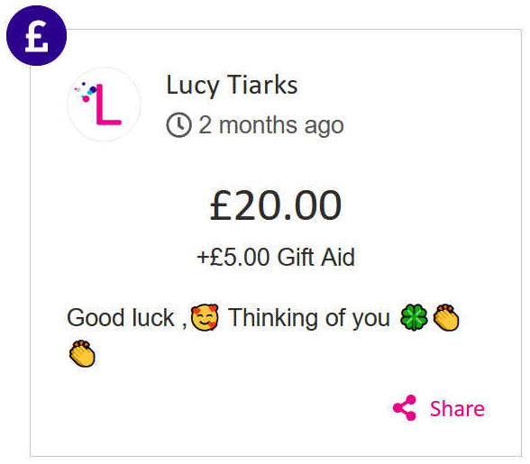 Lucy Tiarks gave £20 to Jill Finn's race for life