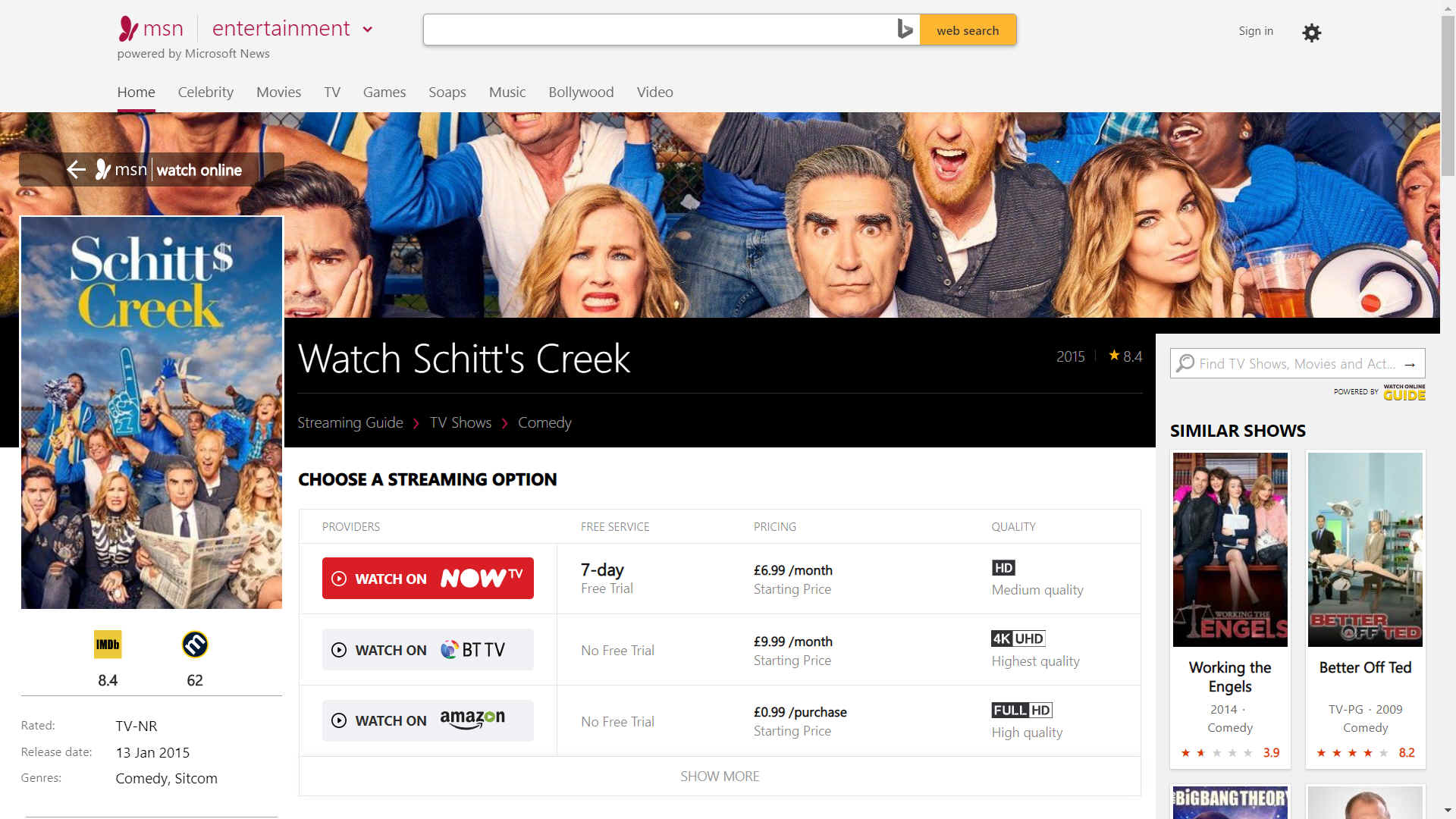 Watch Schitt's Creek on MSN and Netflicks