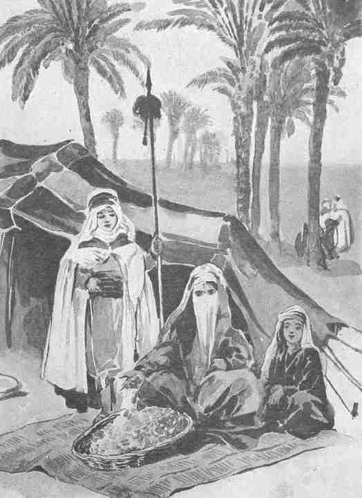 Bedouin camp scene tent and palm trees