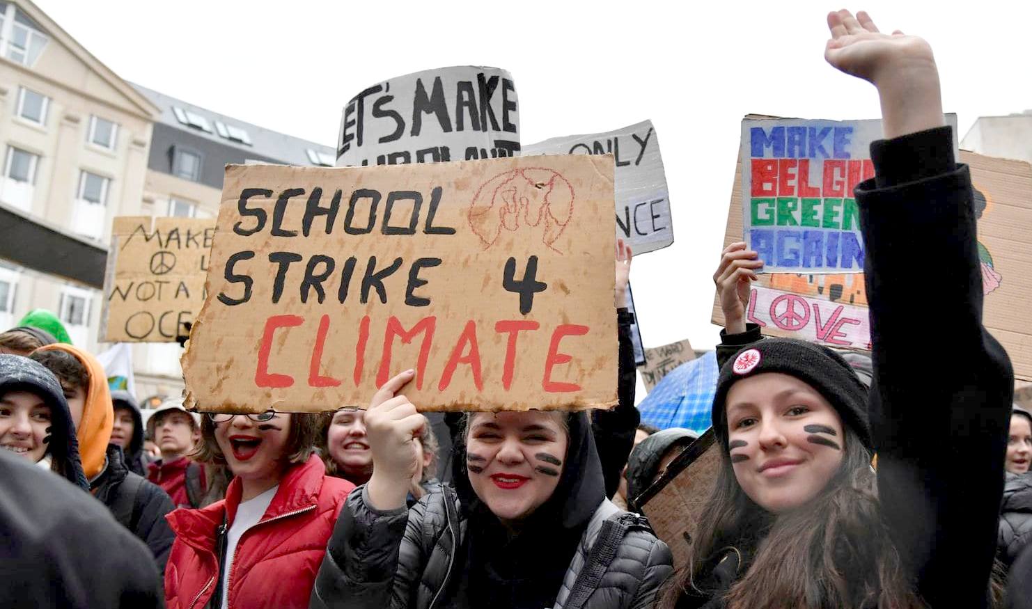 Striking school children Belgium protest march