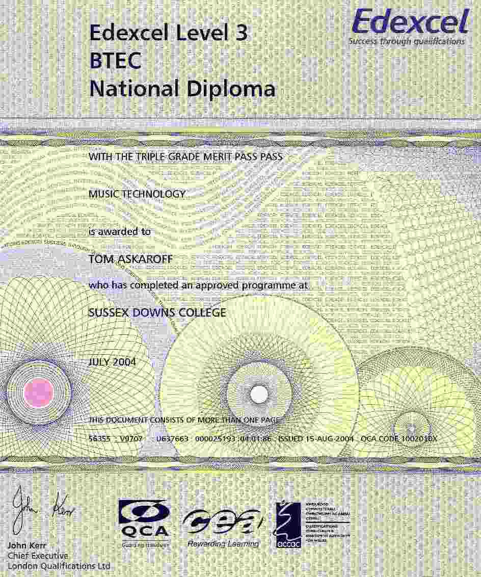 BTEC National Diploma Music Technology Triple Merit Pass Tom Askaroff